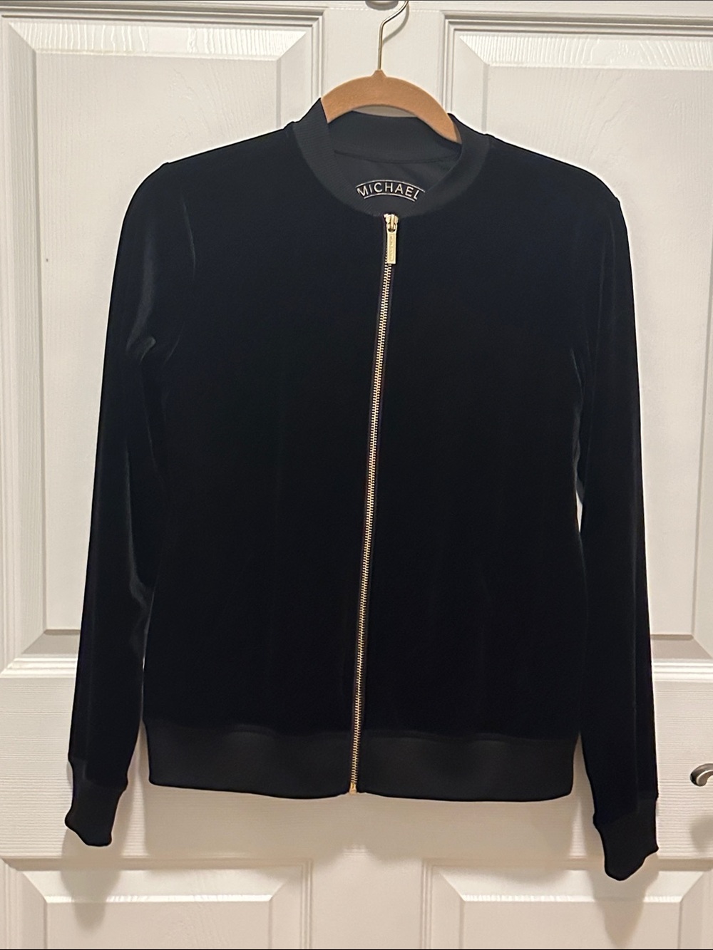 Michael Kors Black Velvet Bomber Jacket with Gold Zip Pull